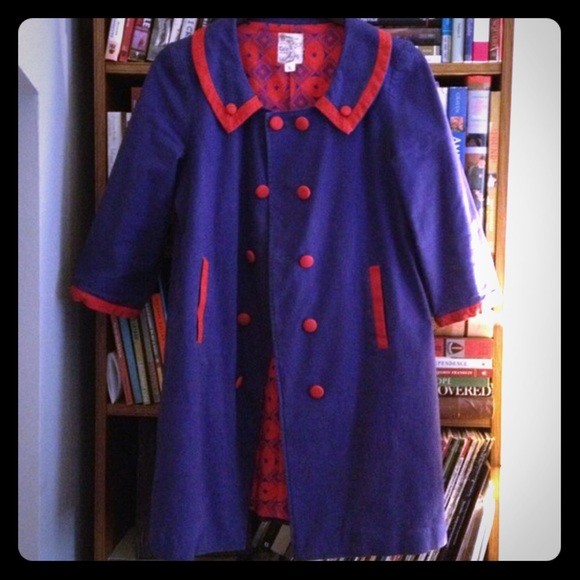 Tulle Red and Navy Trench Style Coat - Picture 1 of 5